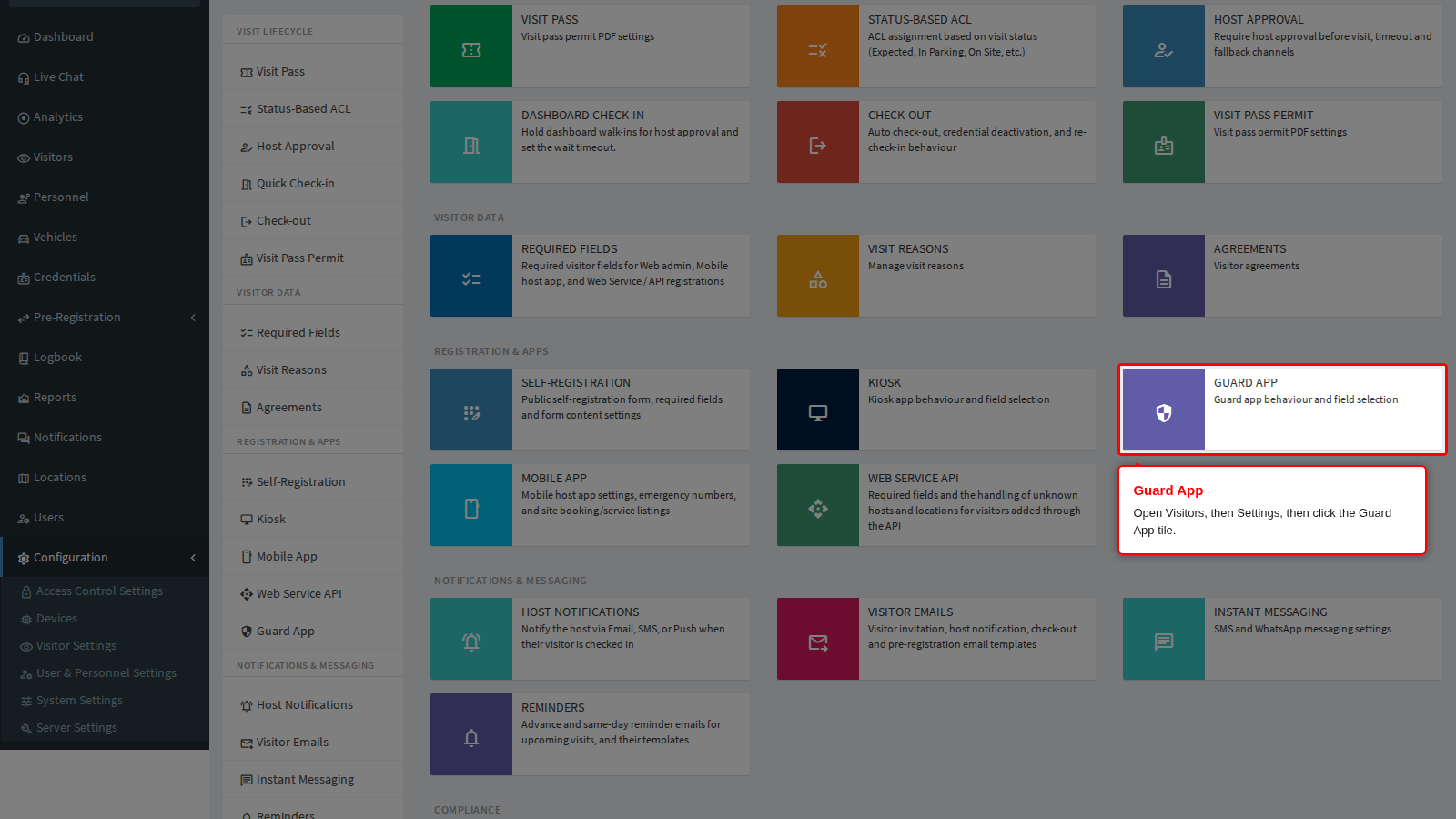The Guard App tile on the Visitor Settings page