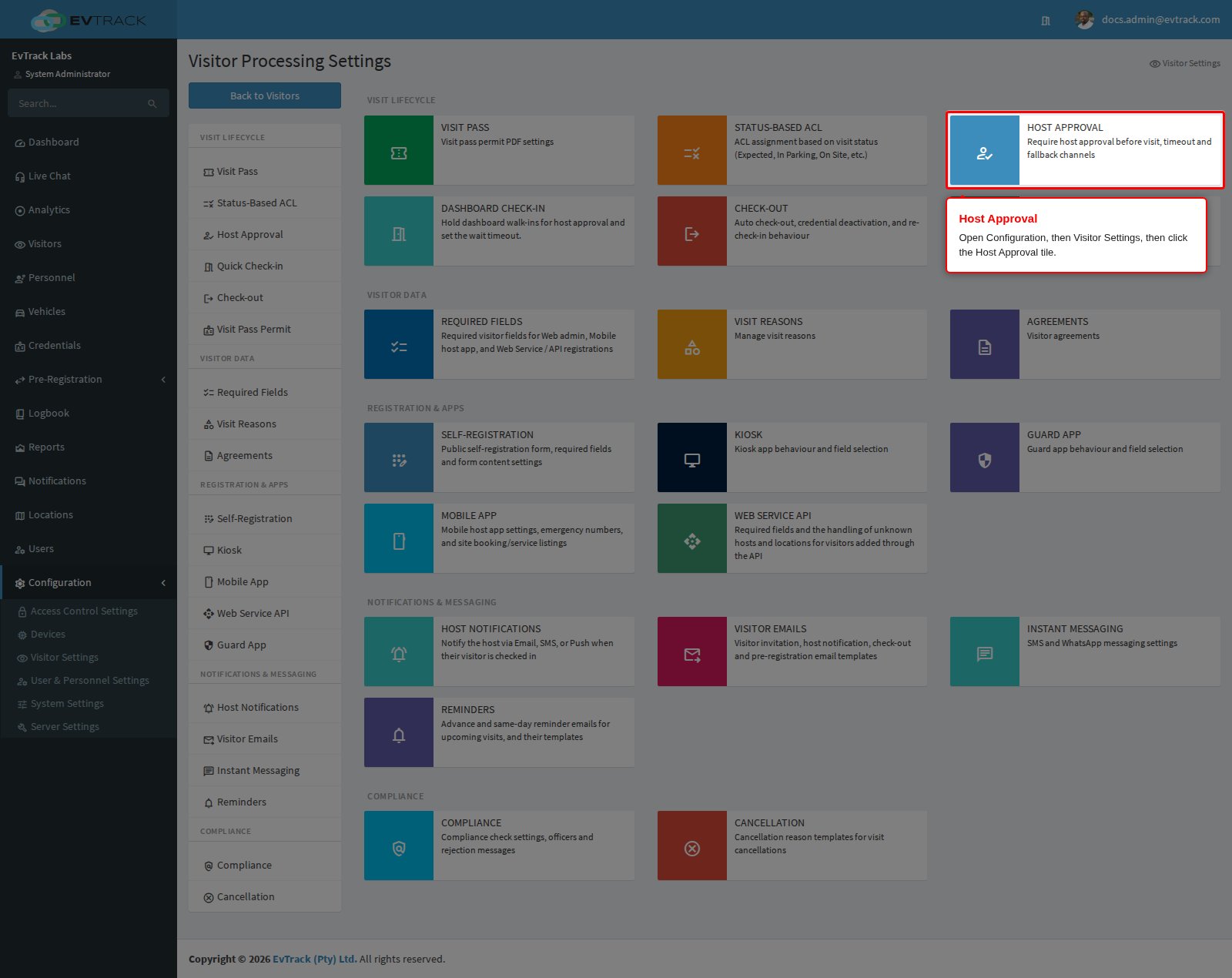 The Host Approval tile on the Visitor Settings page