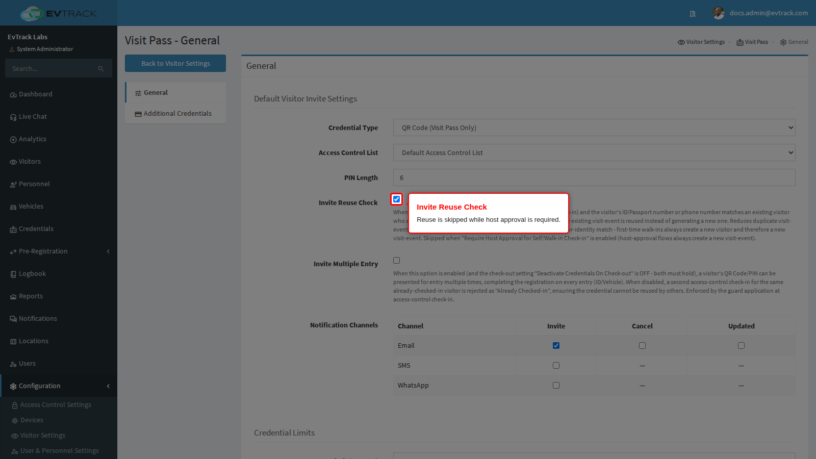 Invite Reuse Check on the Visit Pass panel