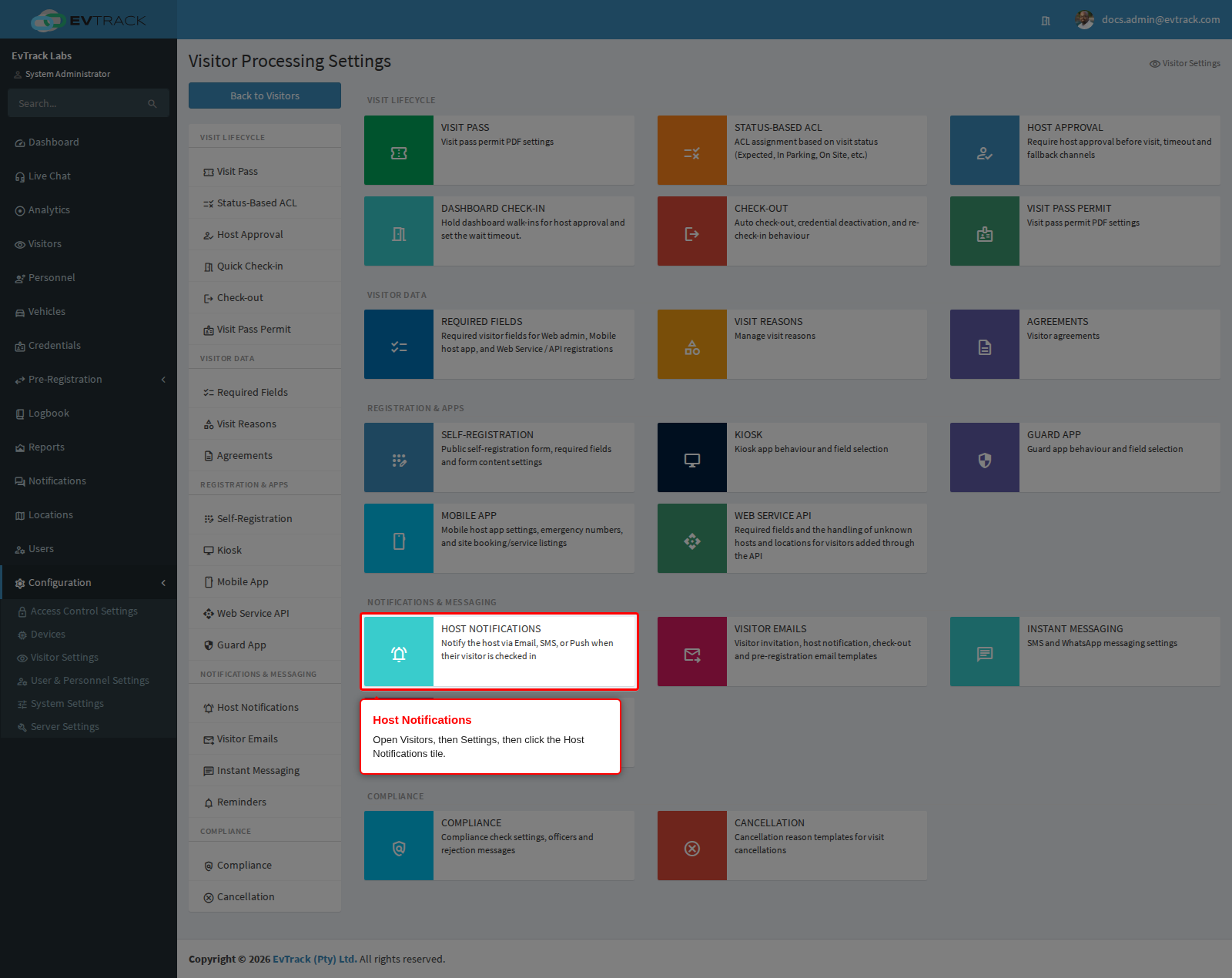 The Host Notifications tile on the Visitor Settings page