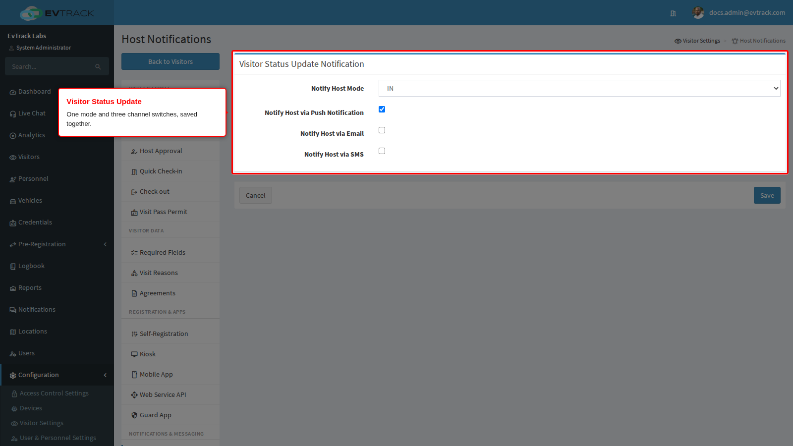 The Visitor Status Update Notification panel