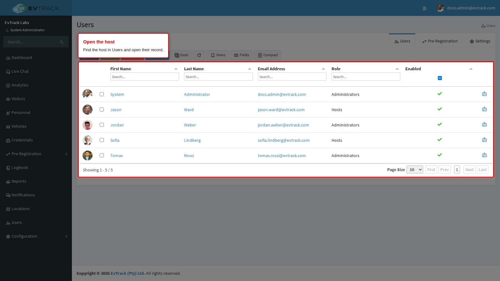 The user list