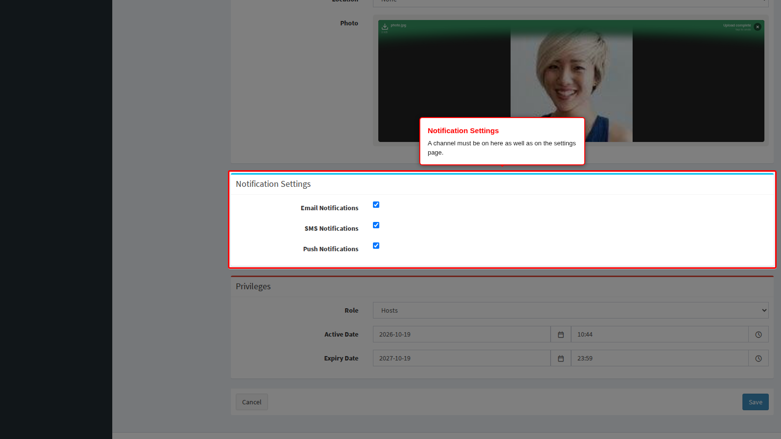The Notification Settings panel on a user profile