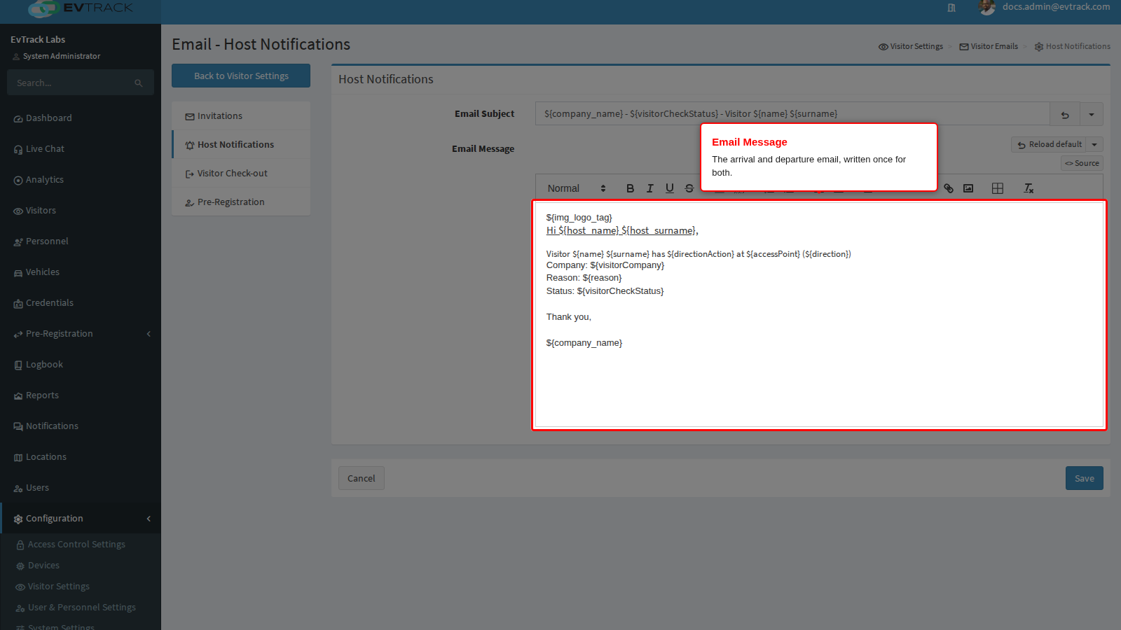 The host notification email body