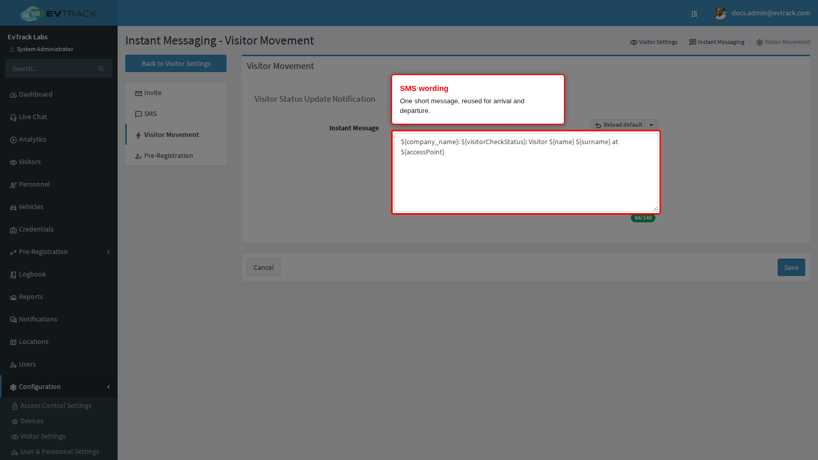 The host notification SMS body