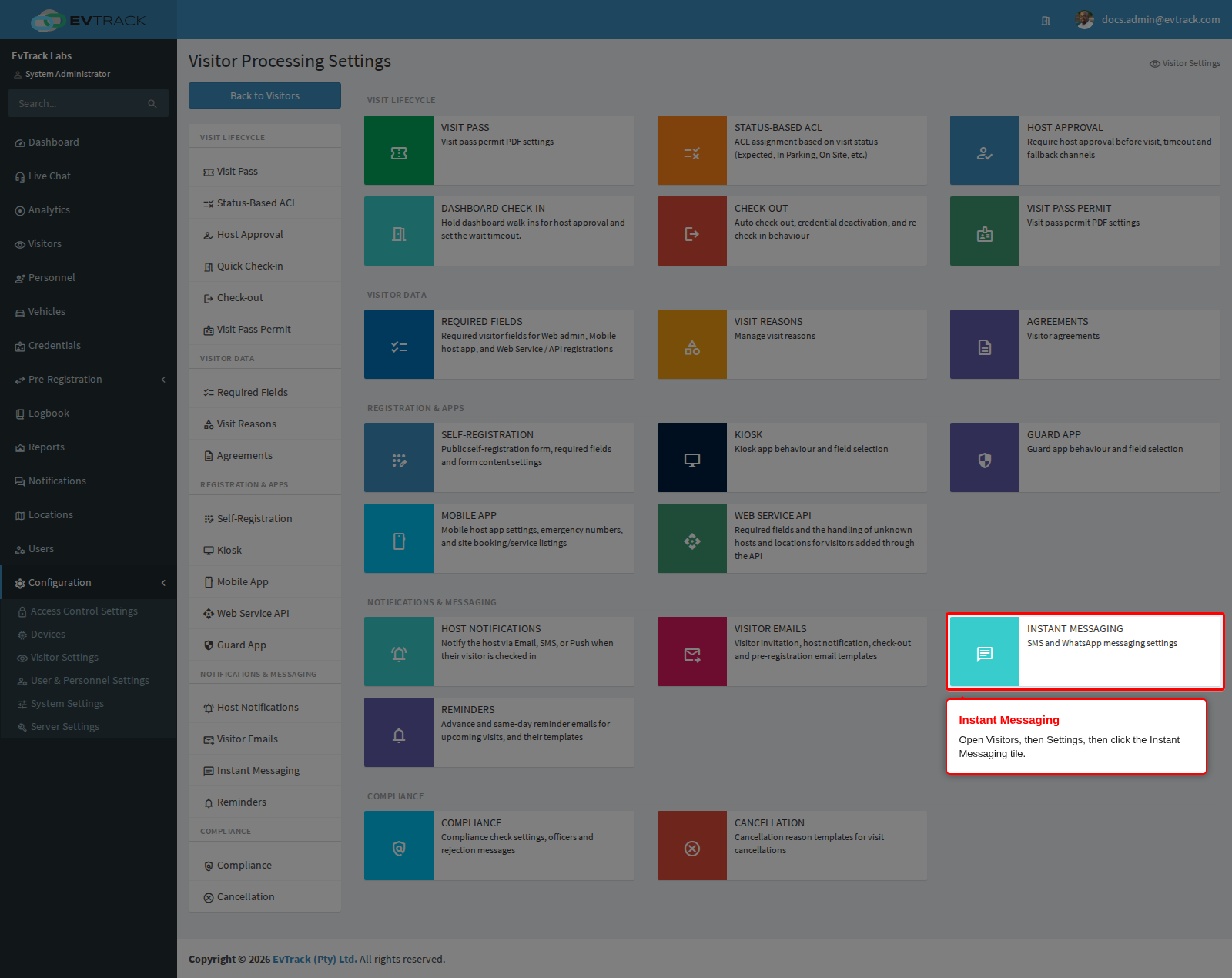 The Instant Messaging tile on the Visitor Settings page