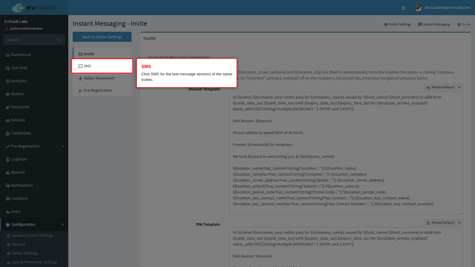 SMS in the page menu