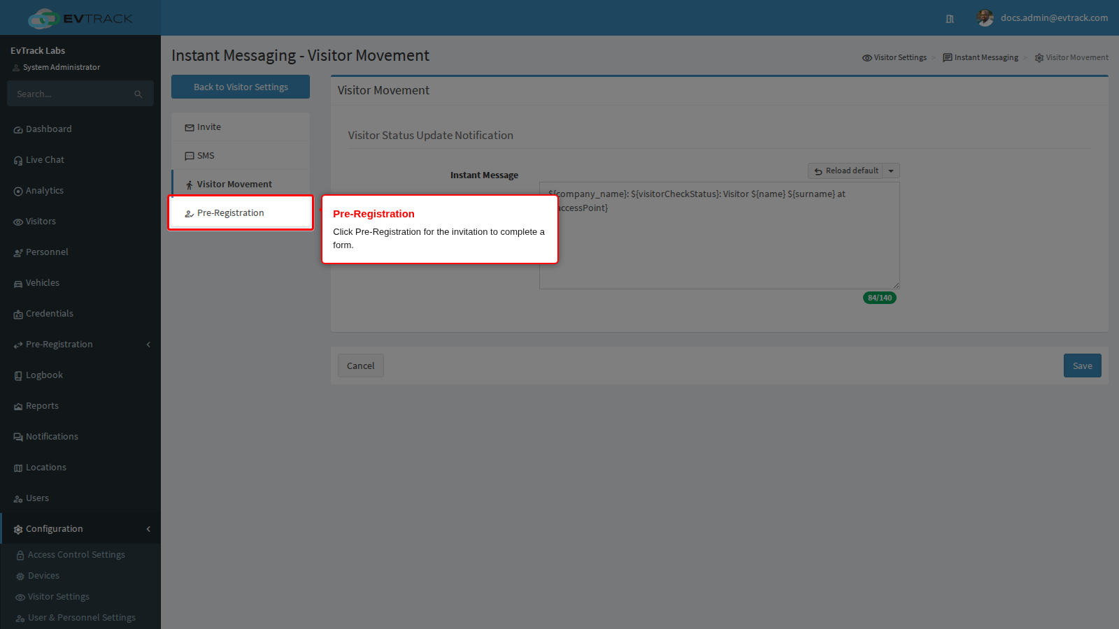 Pre-Registration in the page menu