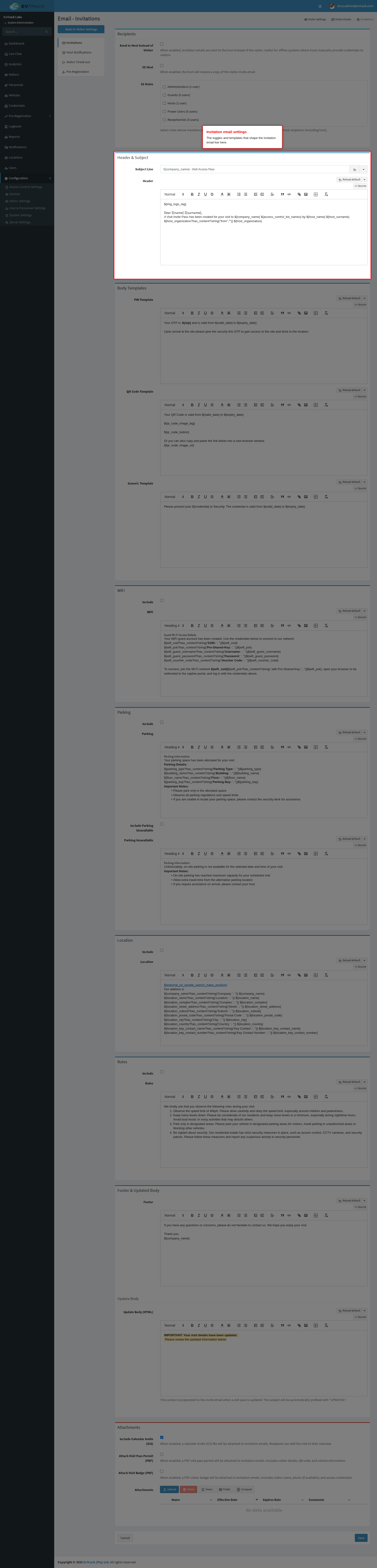 Invitation email settings