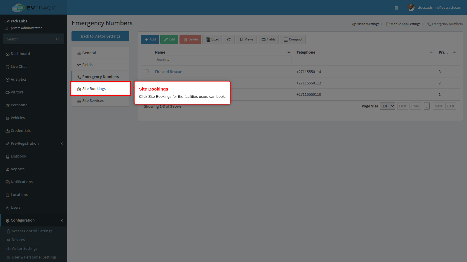 Site Bookings in the page menu