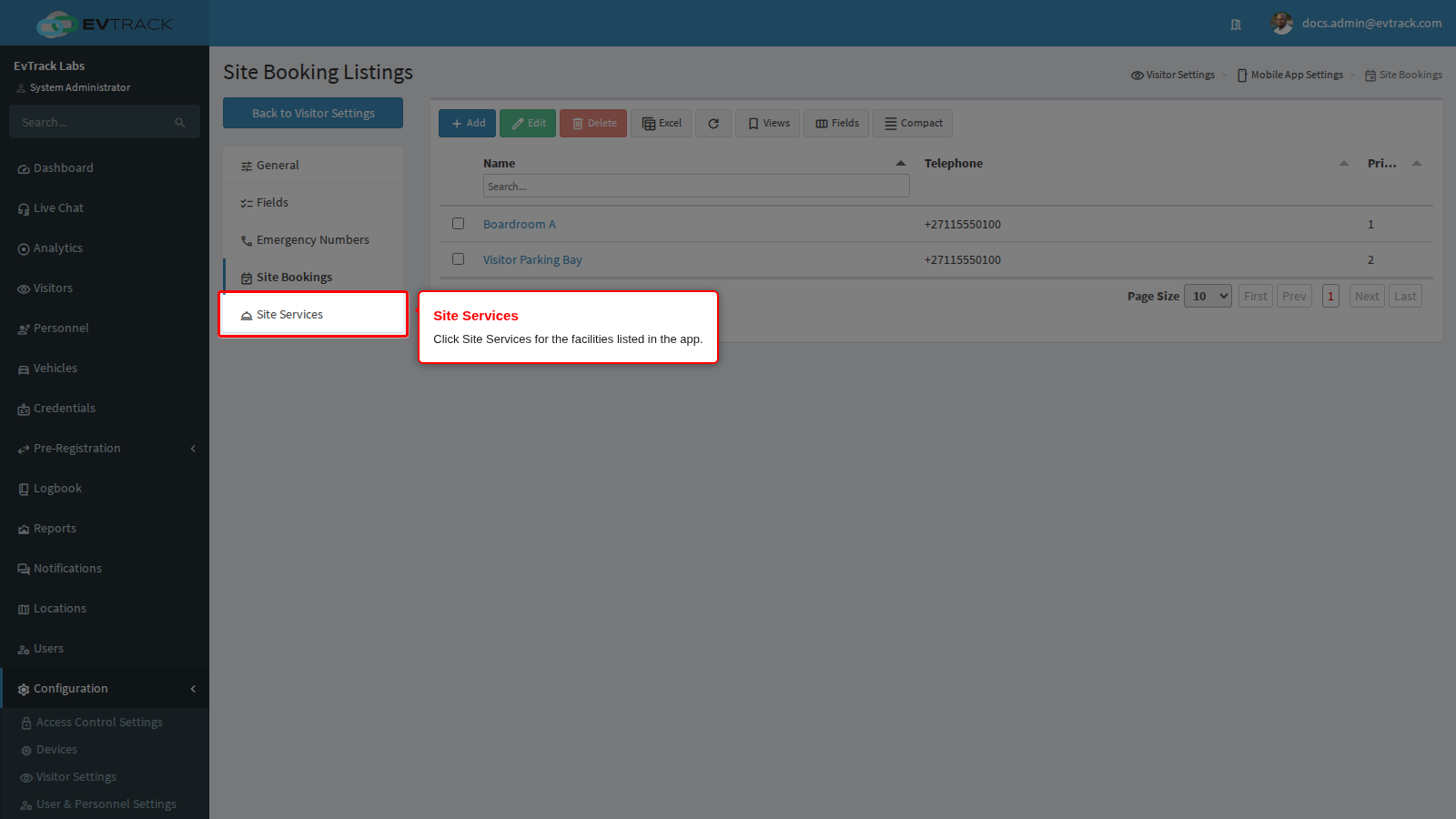 Site Services in the page menu
