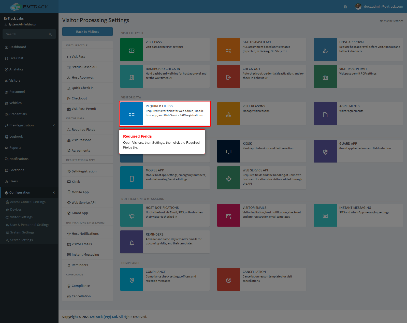 The Required Fields tile on the Visitor Settings page