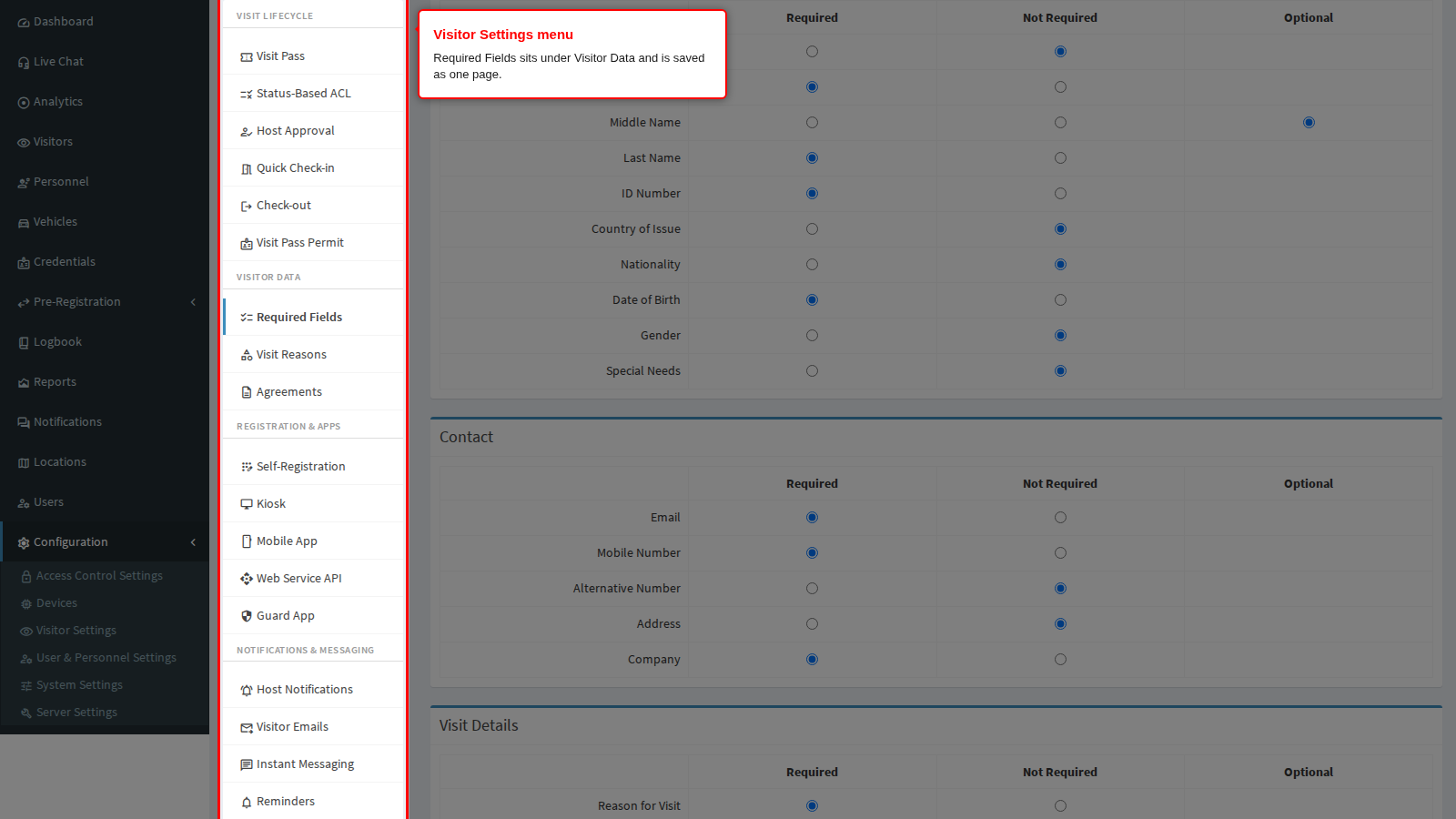 The Visitor Settings menu