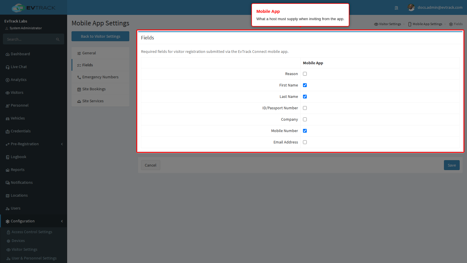 Mobile app fields