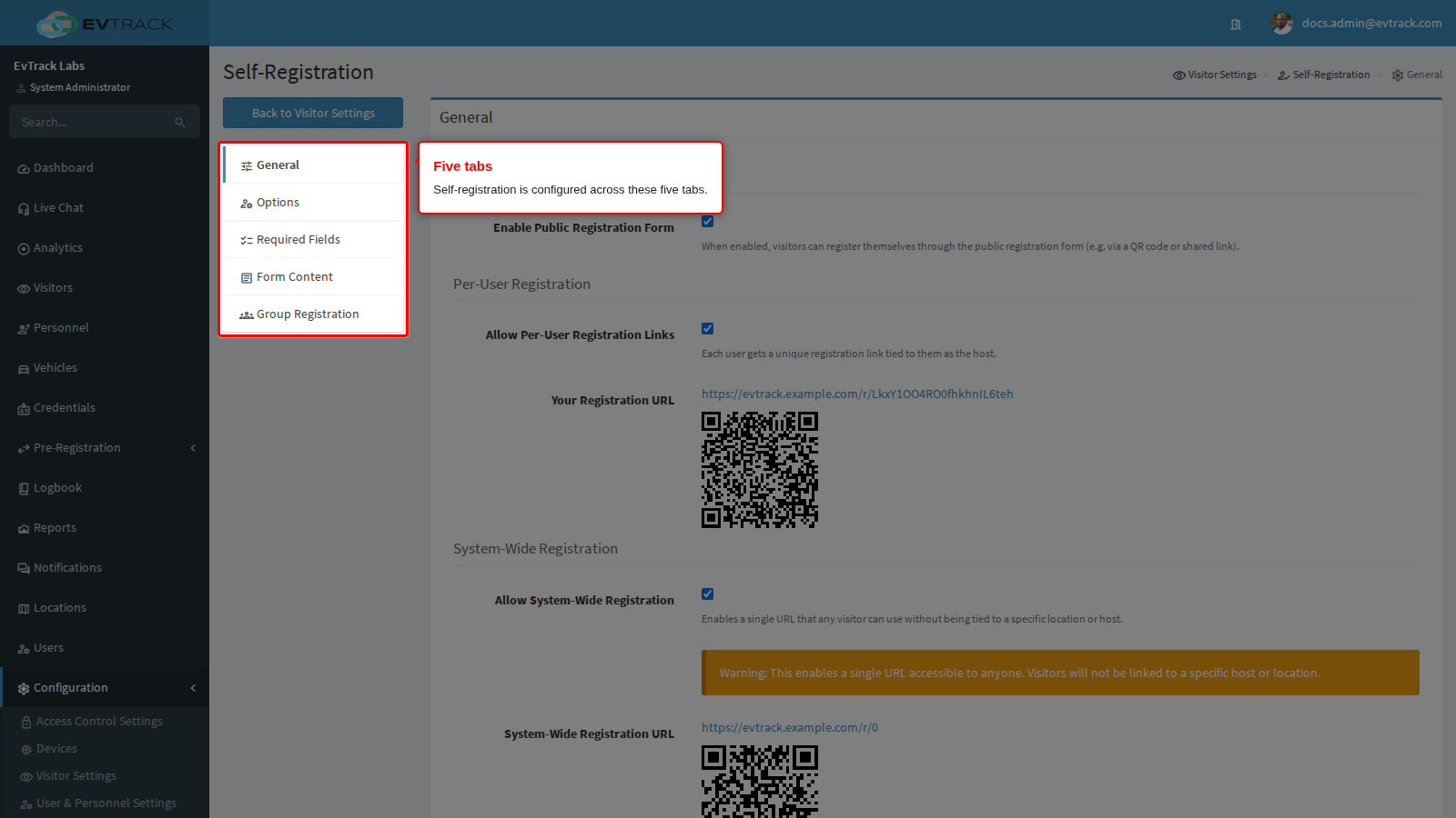 The five Self-Registration tabs