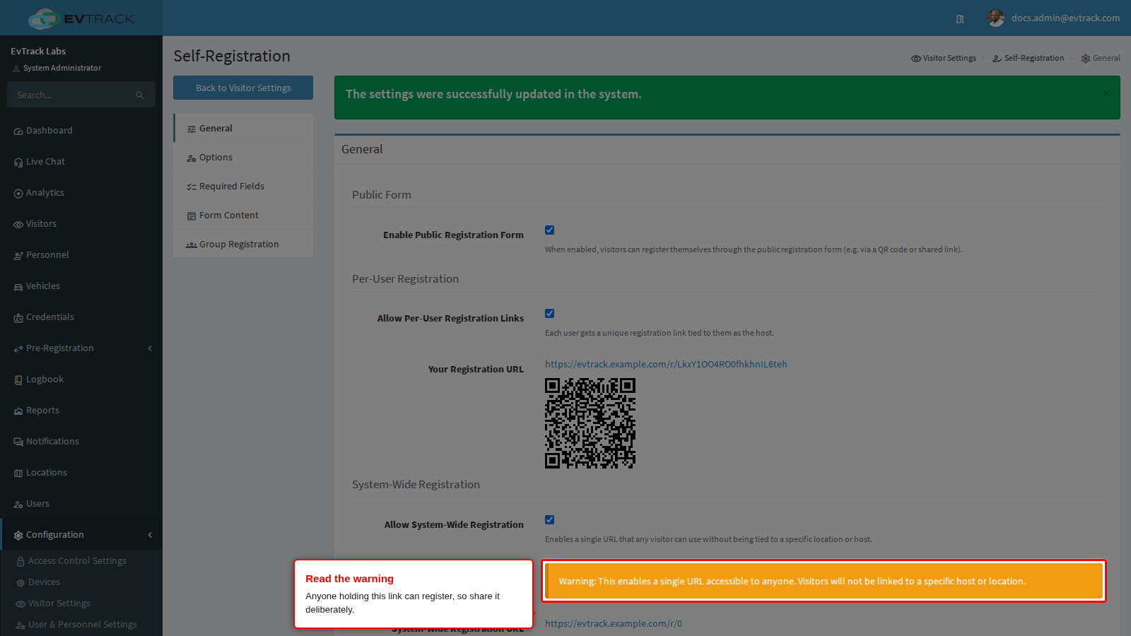 The warning shown once system-wide registration is on