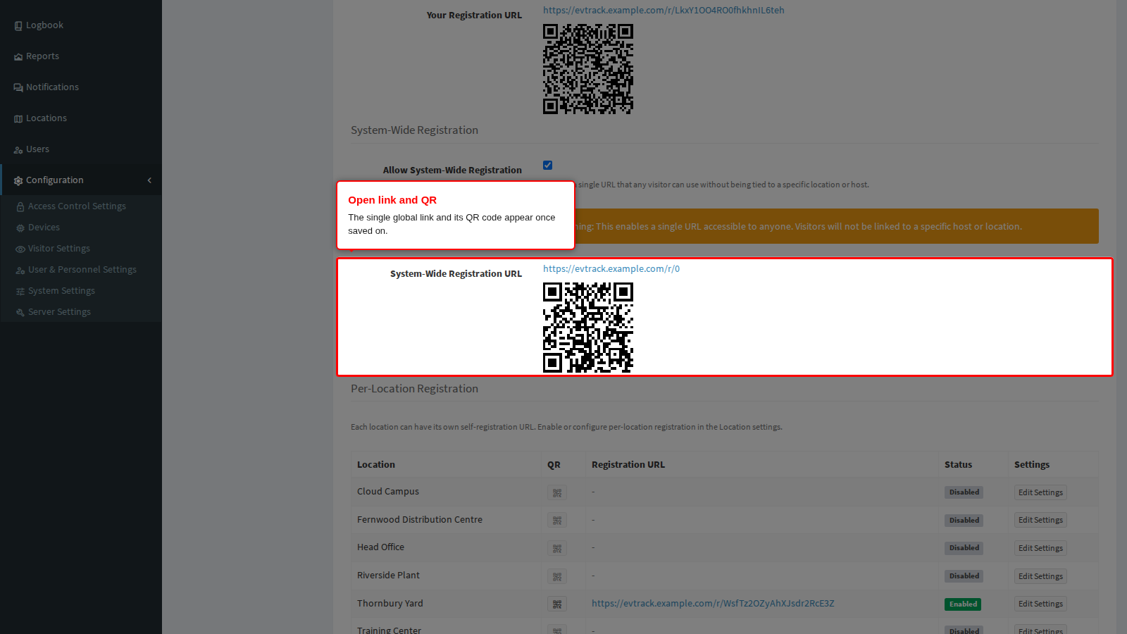 The system-wide link and its QR code