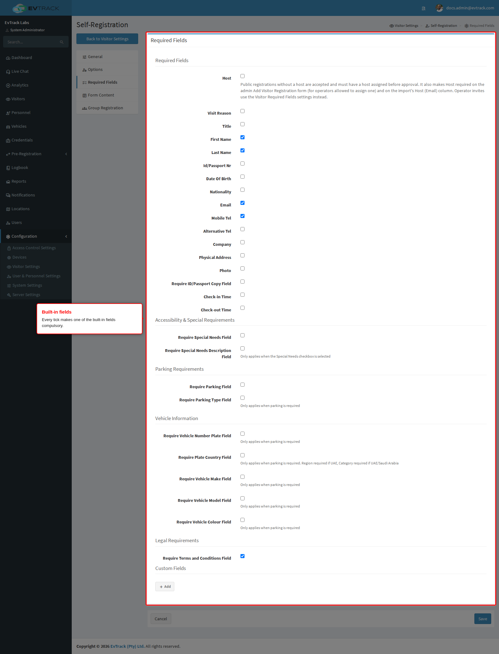The built-in field switches on the Required Fields tab