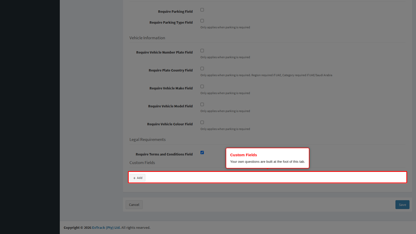 The custom-field builder at the foot of the Required Fields tab