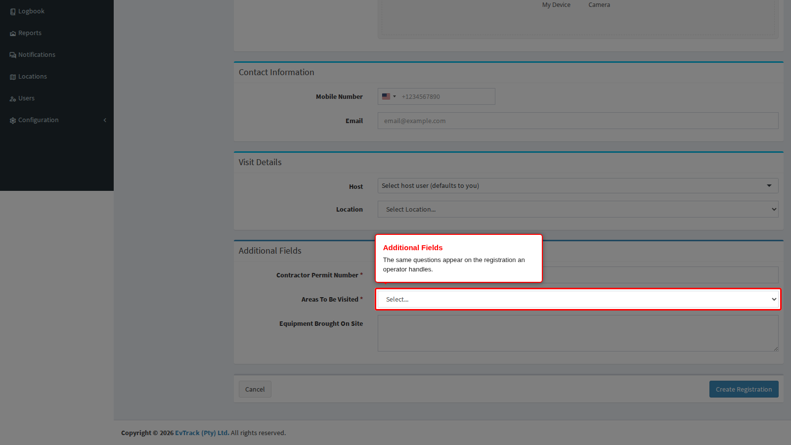 The custom questions on a visitor registration in the admin console