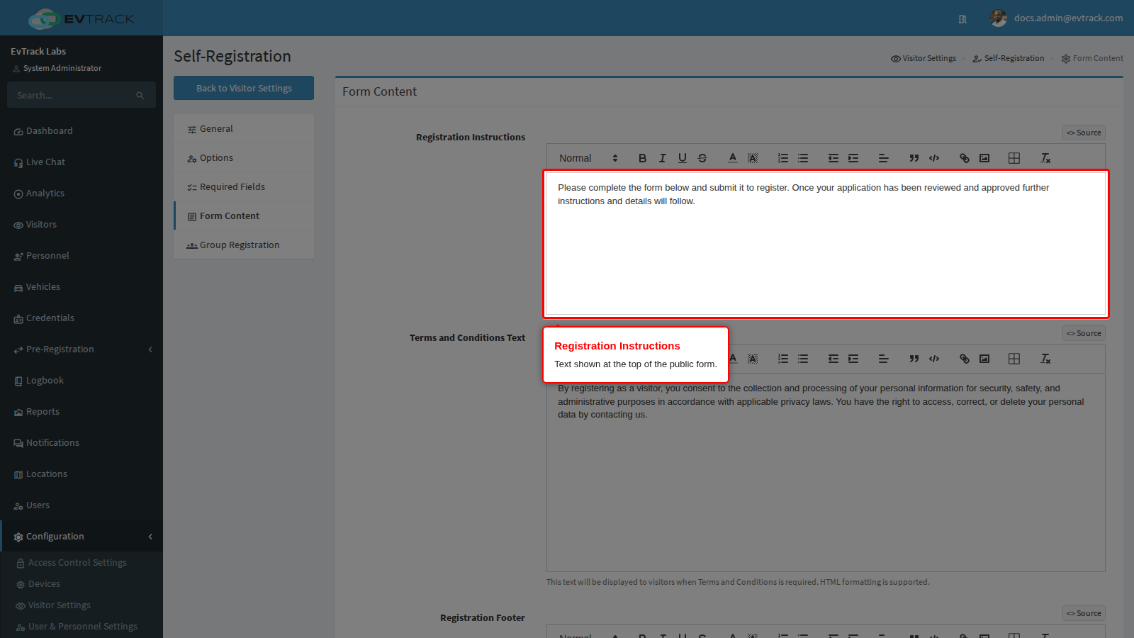 The Registration Instructions editor