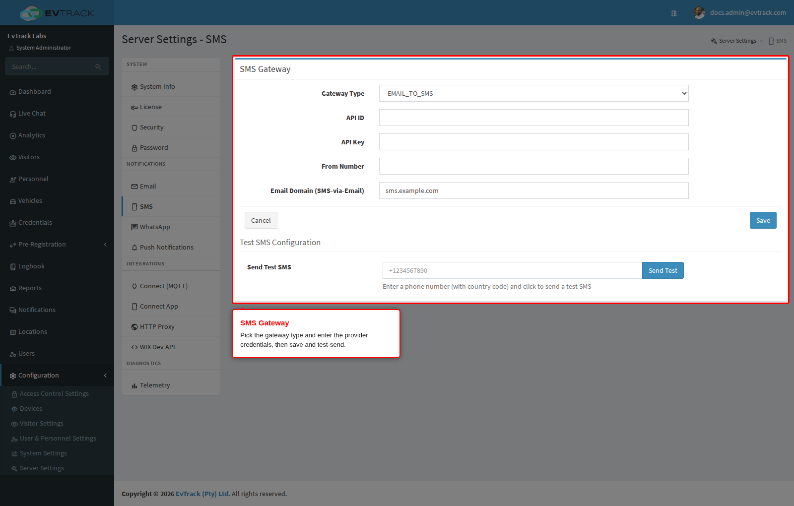 SMS gateway configuration