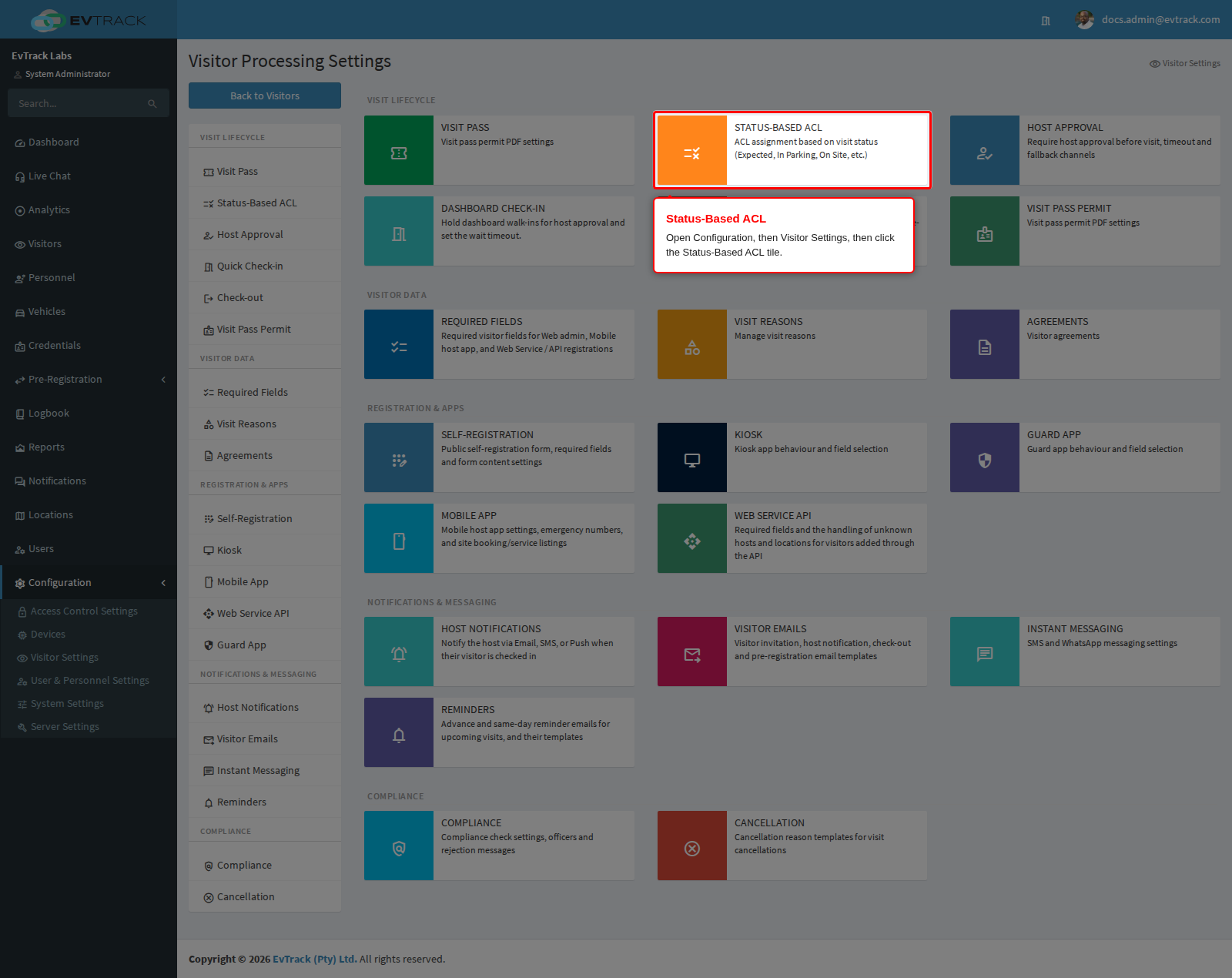The Status-Based ACL tile on the Visitor Settings page