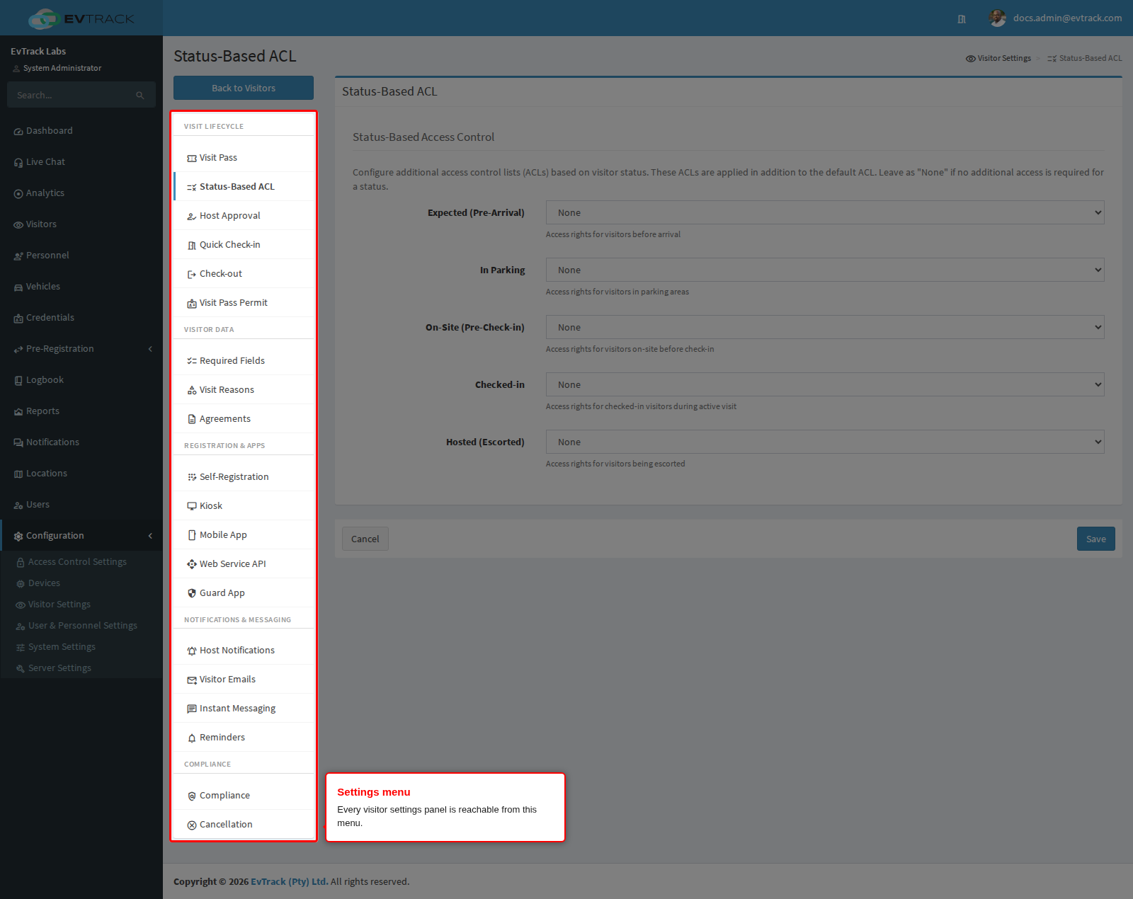 The visitor settings menu on the left of the panel