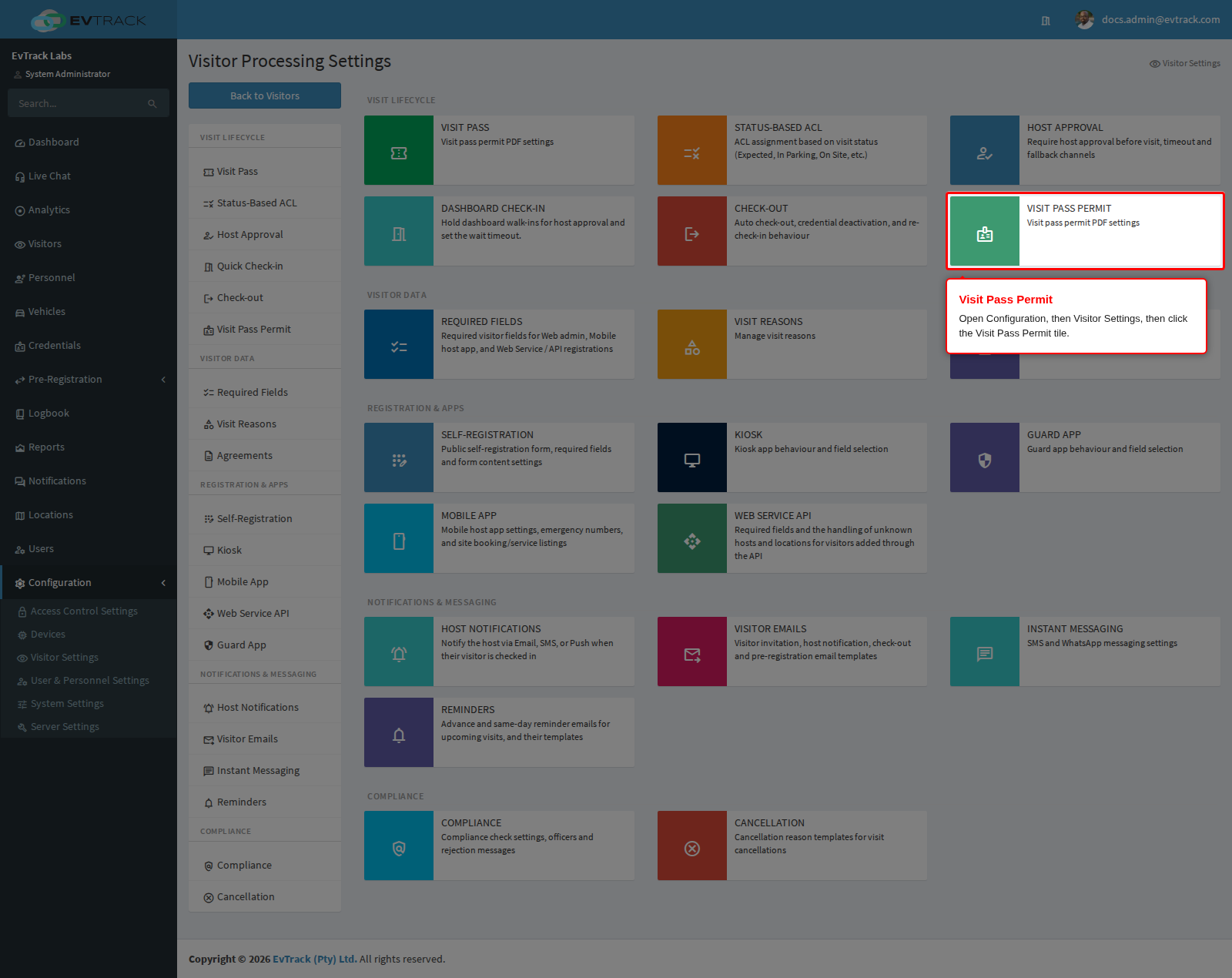The Visit Pass Permit tile on the Visitor Settings page