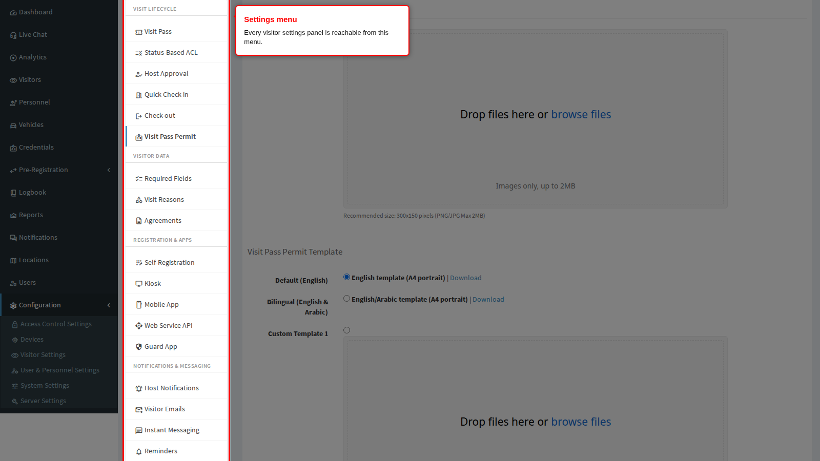 The visitor settings menu on the left of the panel