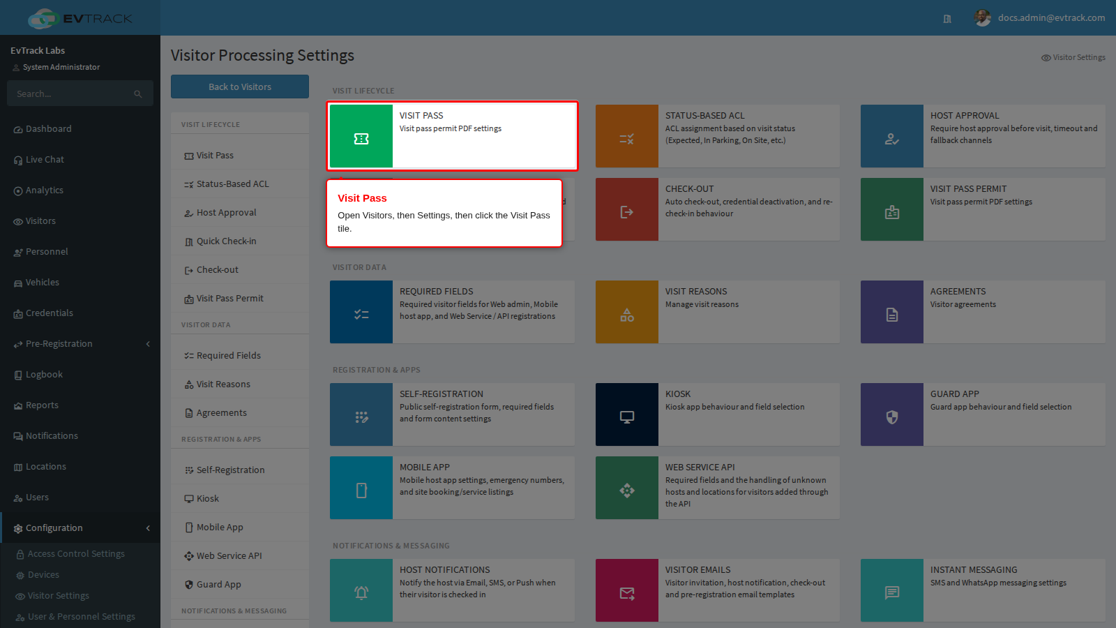 The Visit Pass tile on the Visitor Settings page