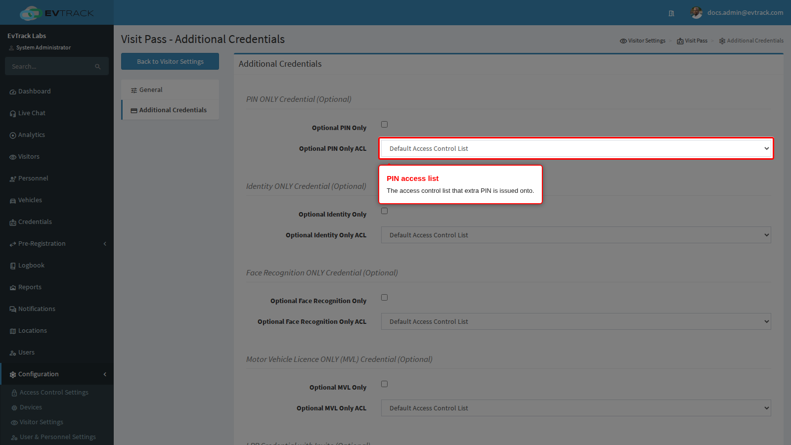 The access control list for the extra PIN