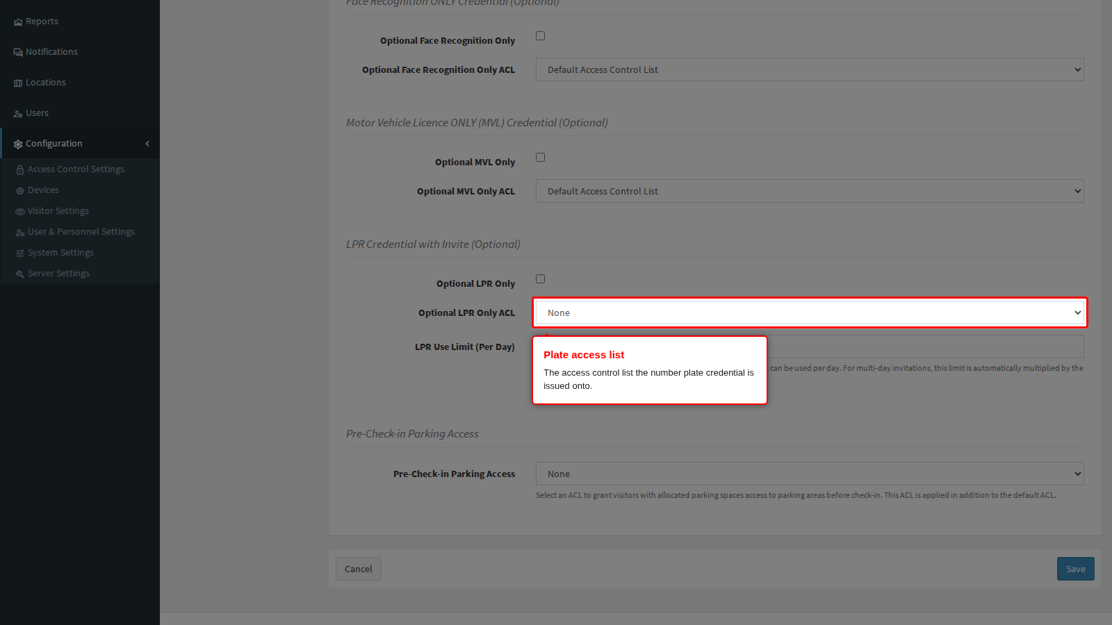 The access control list for plate credentials