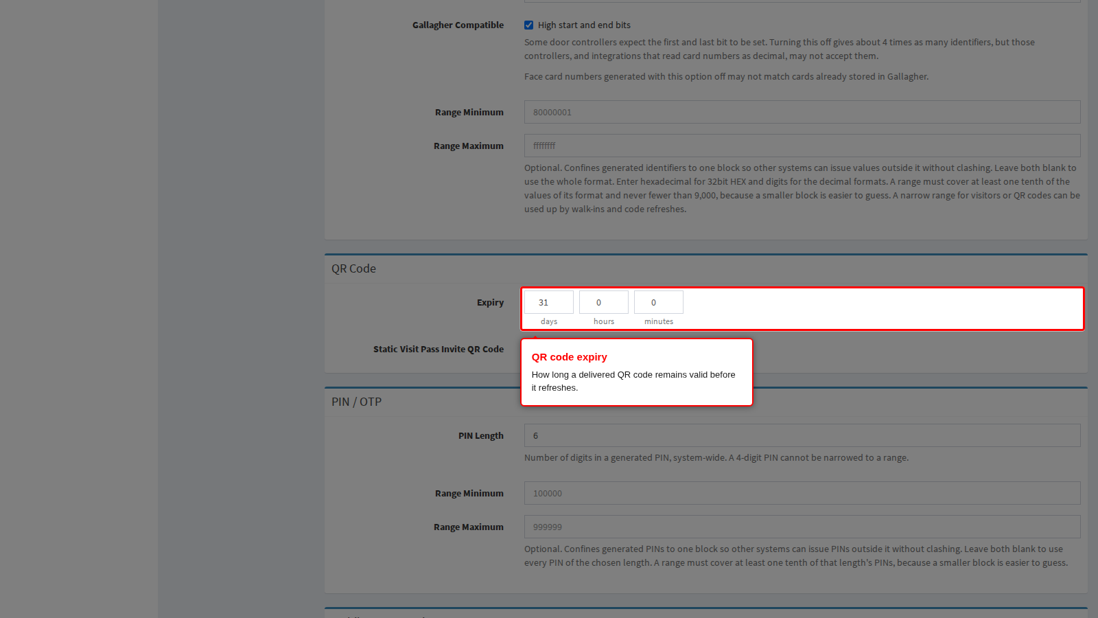 The QR code expiry field
