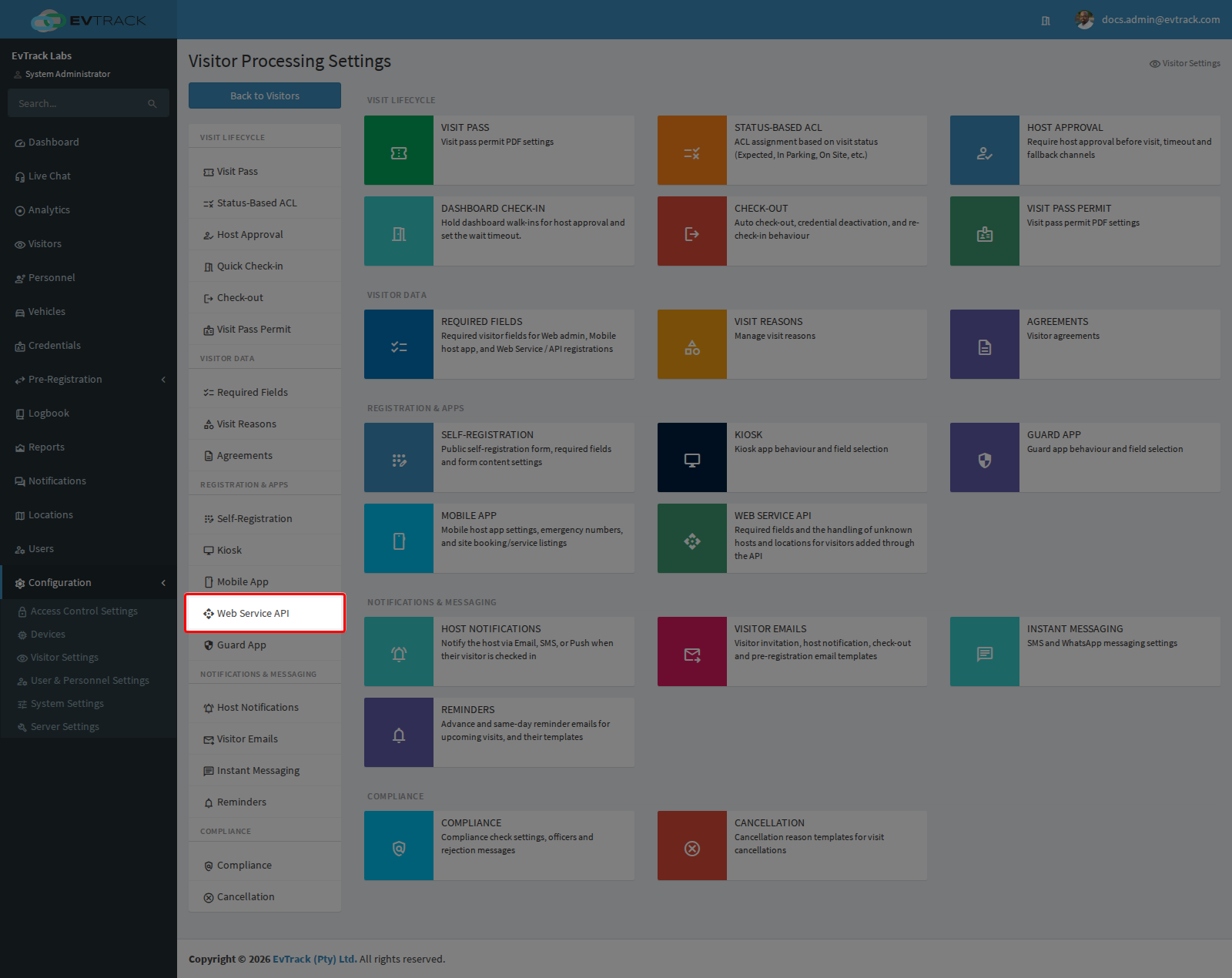 Web Service API in the Visitor Settings menu