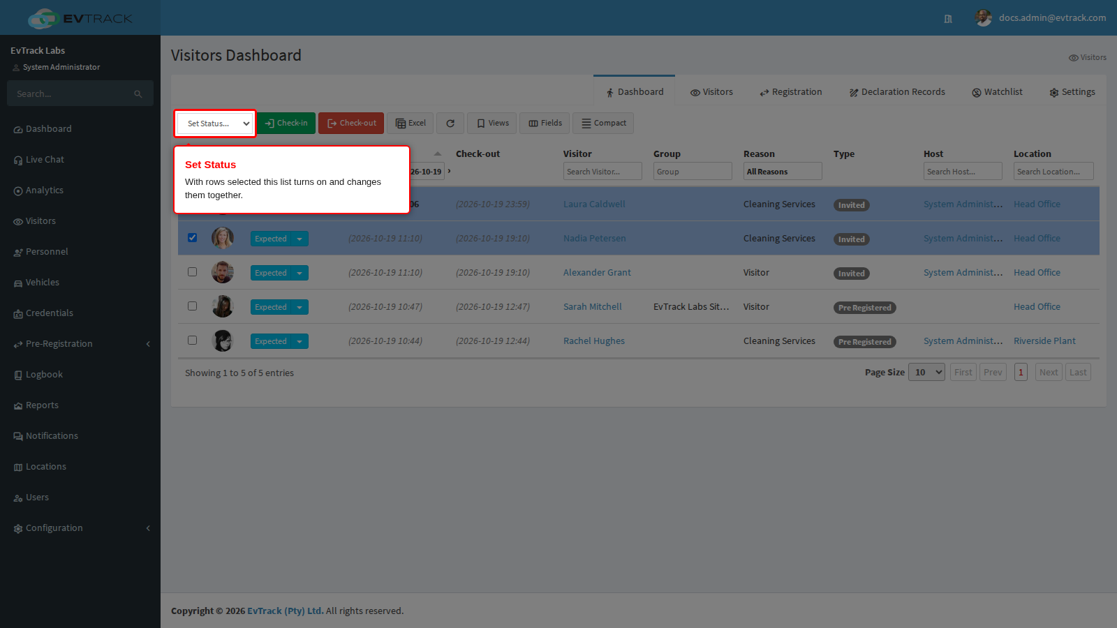 Select rows and set the status