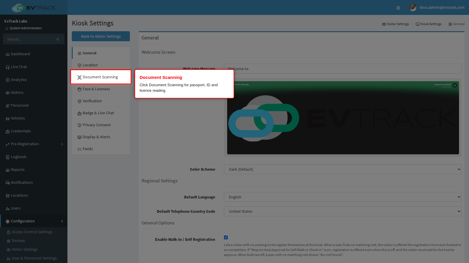 Document Scanning in the kiosk menu