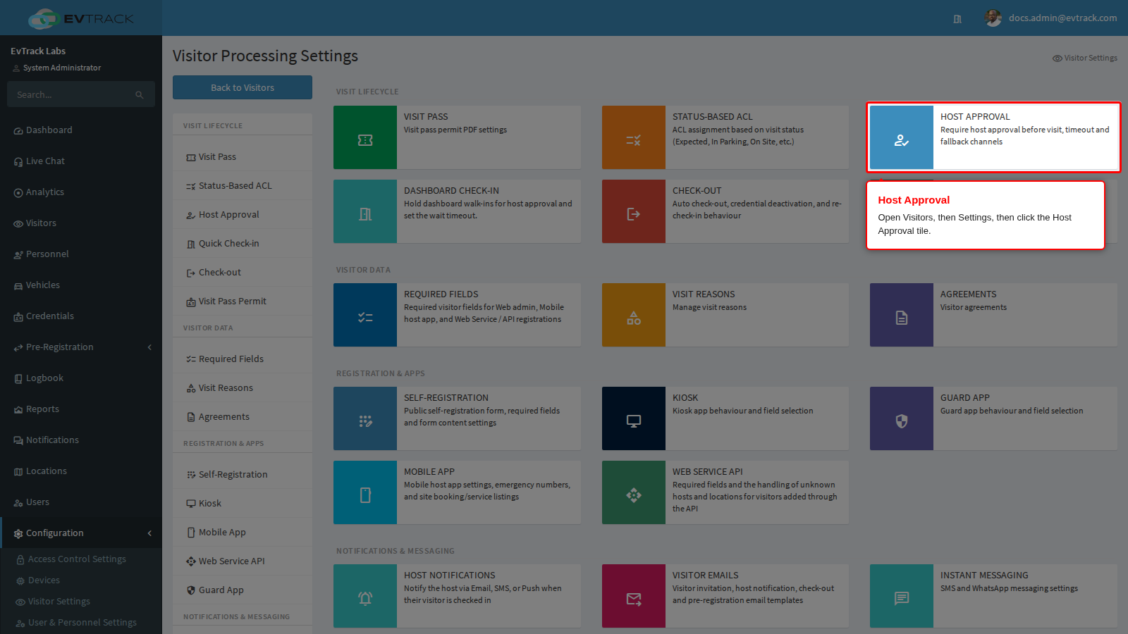 The Host Approval tile on Visitor Settings