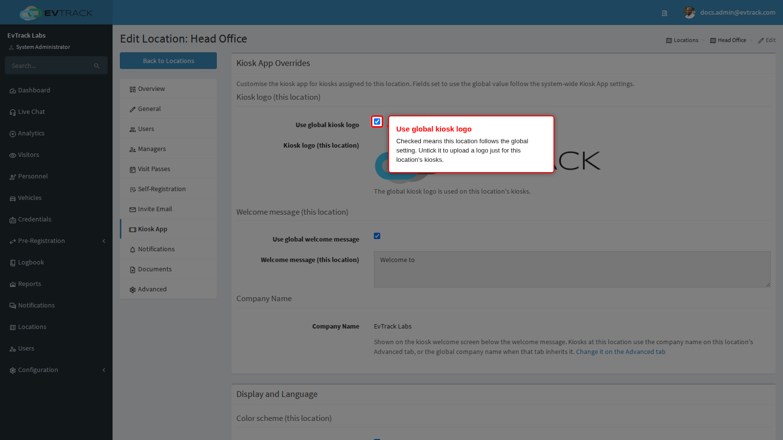 Use global kiosk logo is ticked and the global logo is previewed