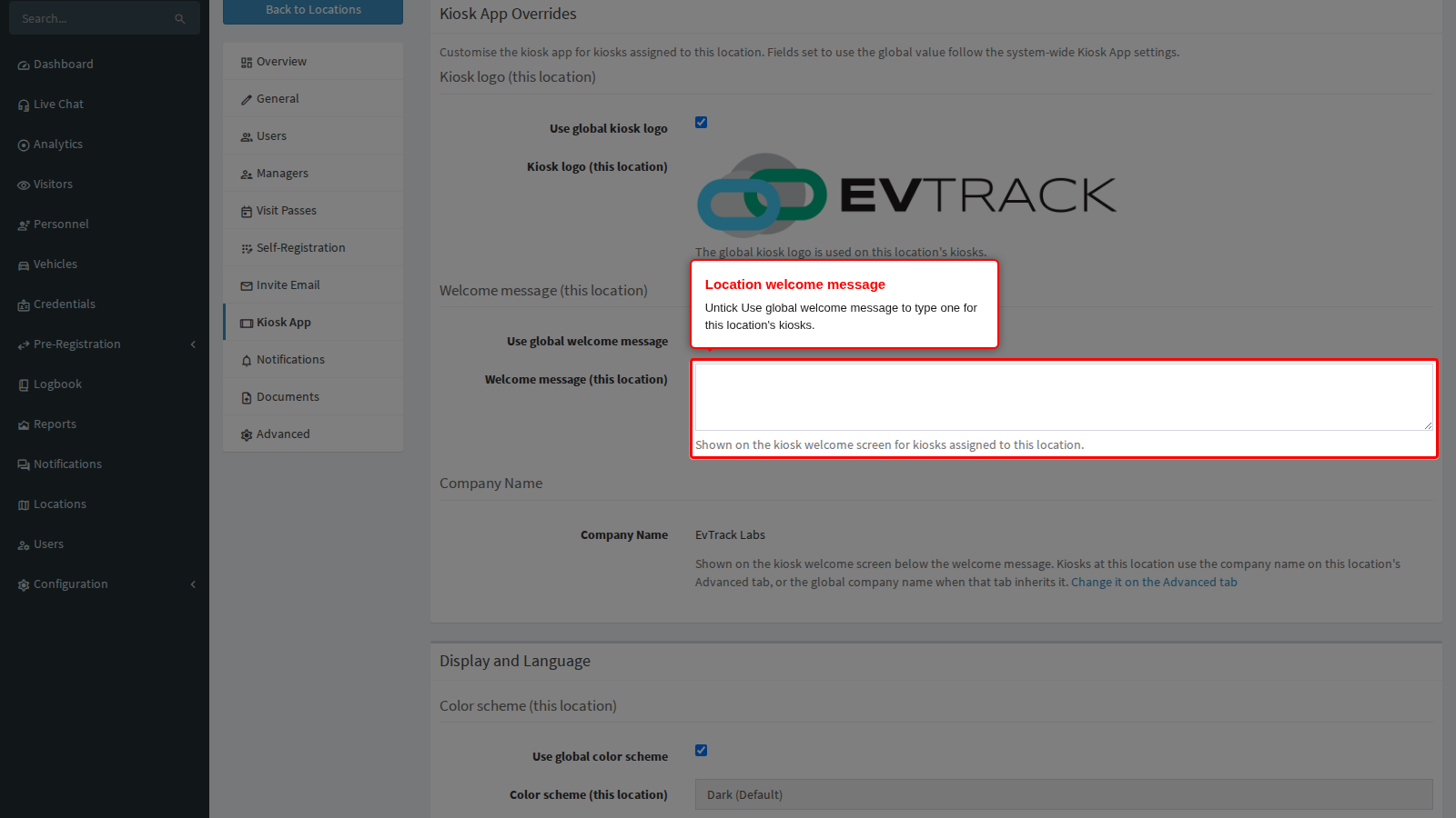 The location welcome message box