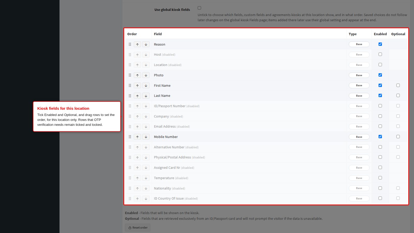 The editable kiosk fields list for this location