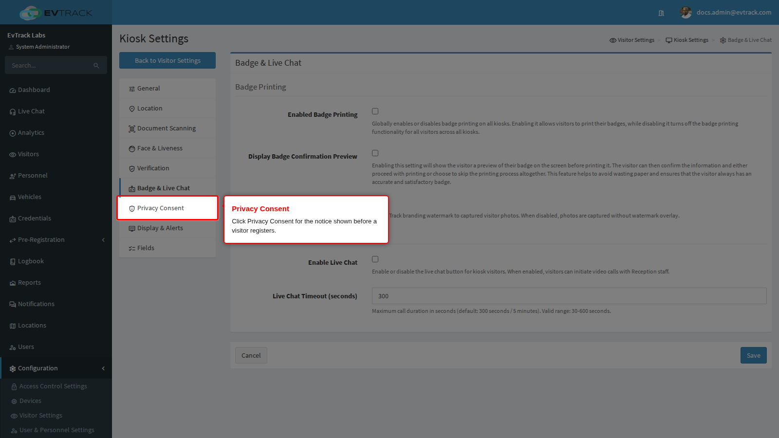 Privacy Consent in the kiosk menu
