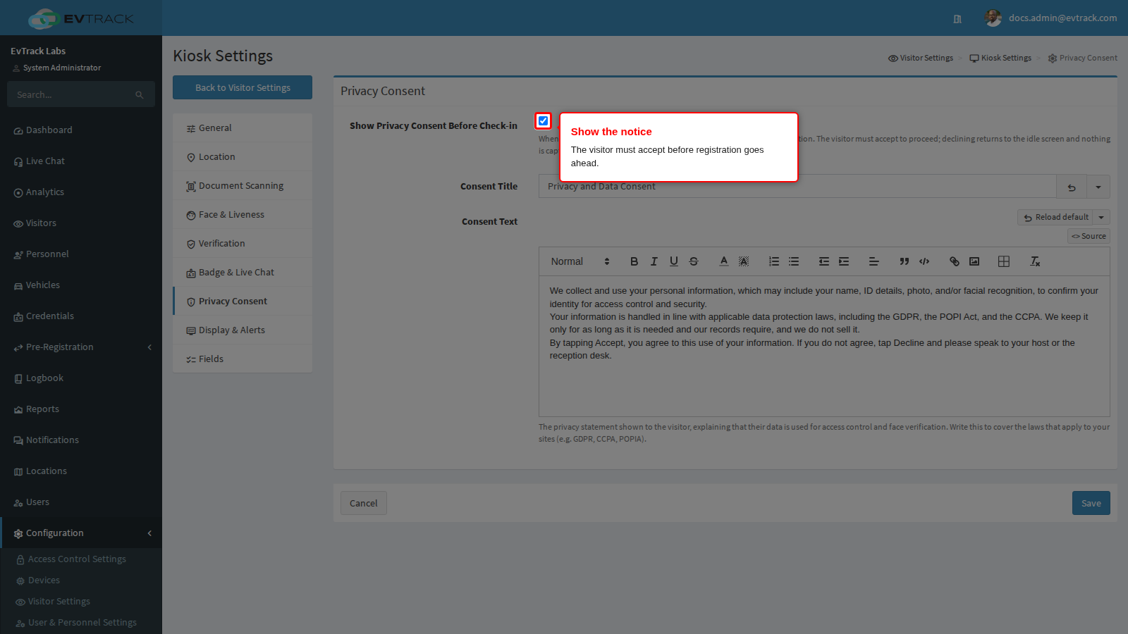 Show Privacy Consent Before Check-in