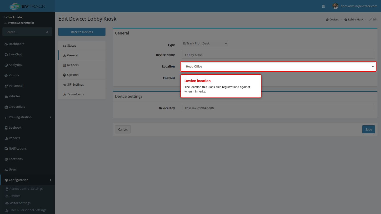 The Location select on the device General panel
