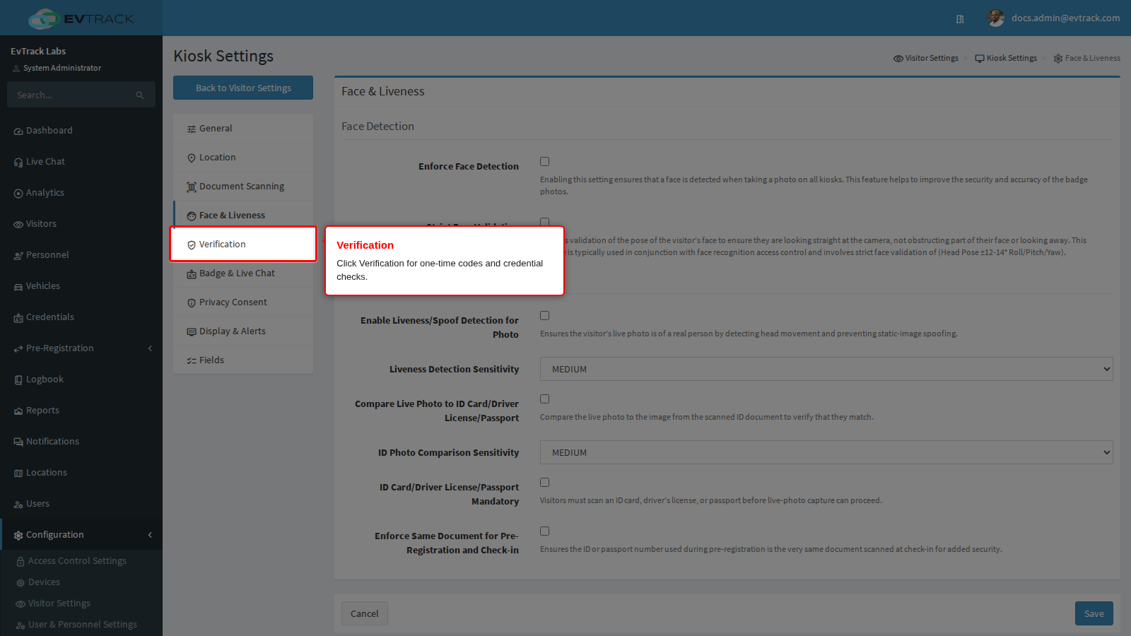 Verification in the kiosk menu
