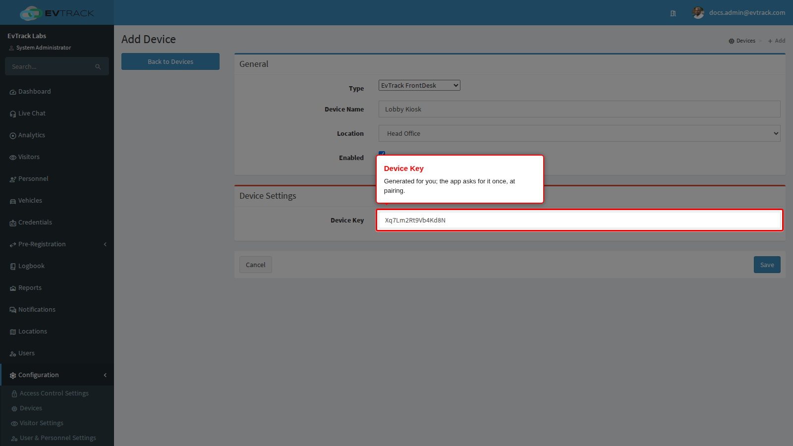 The device key on the Add form