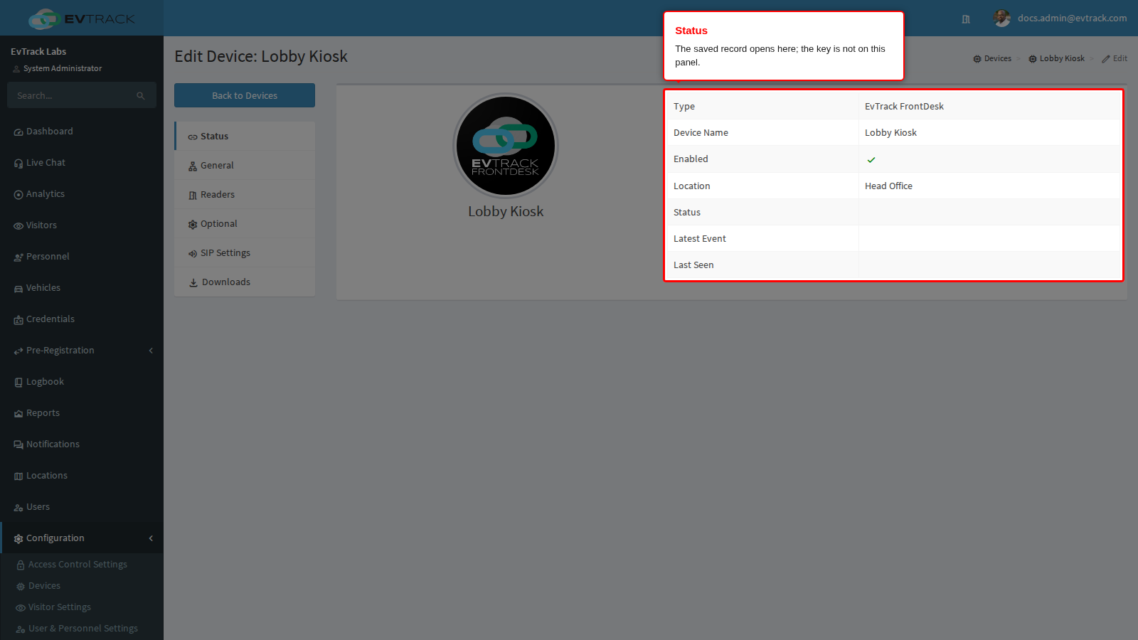 The Status panel of the new device