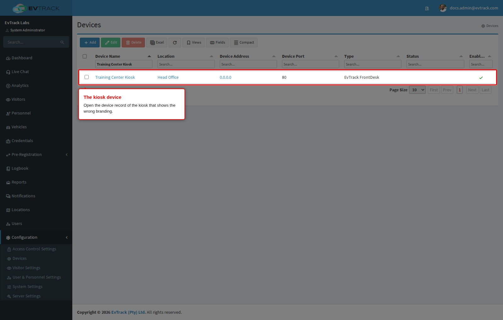 The kiosk device in the device list