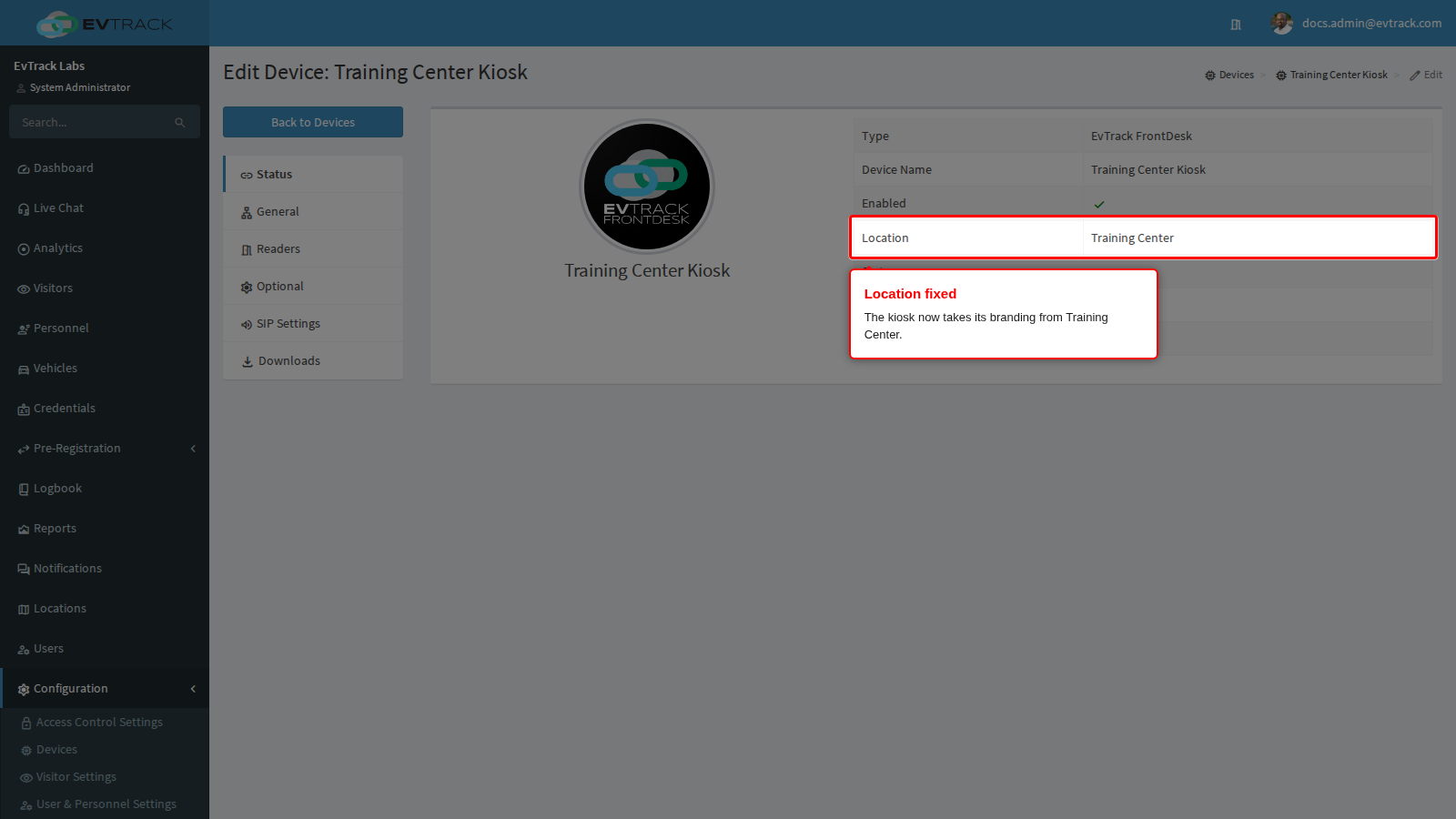 The Status panel Location row shows Training Center
