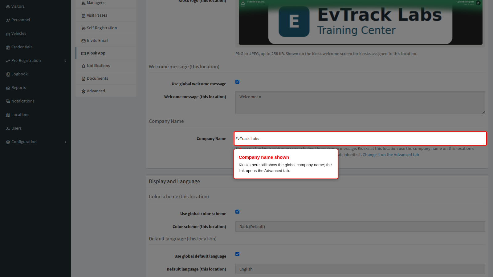The company name kiosks here show is still the global one, EvTrack Labs